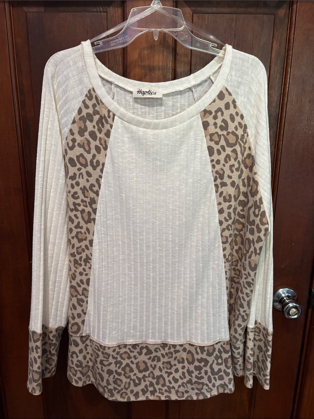 Haptics Cream Leopard-Trim Ribbed Long Sleeve Thin Sweater Top
